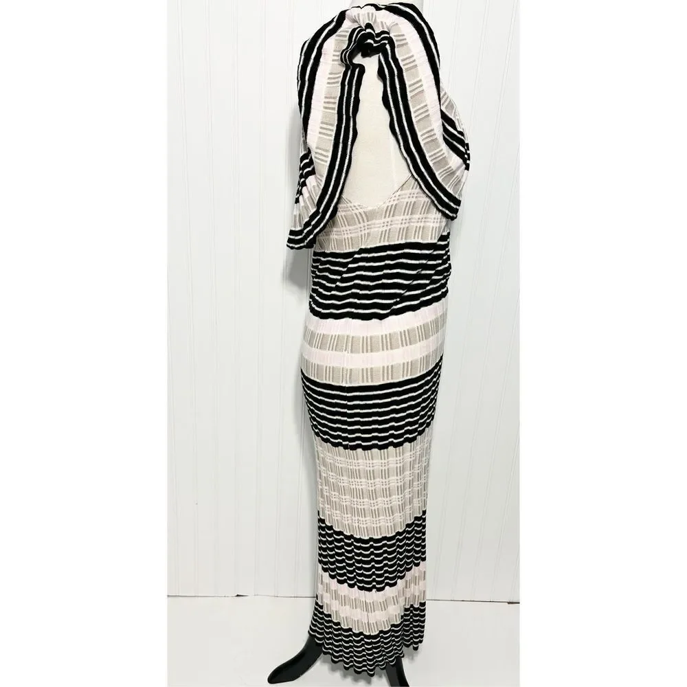 Free People Off Duty Striped‎ Off the Shoulder Midi Sweater Dress Tan Pink Large